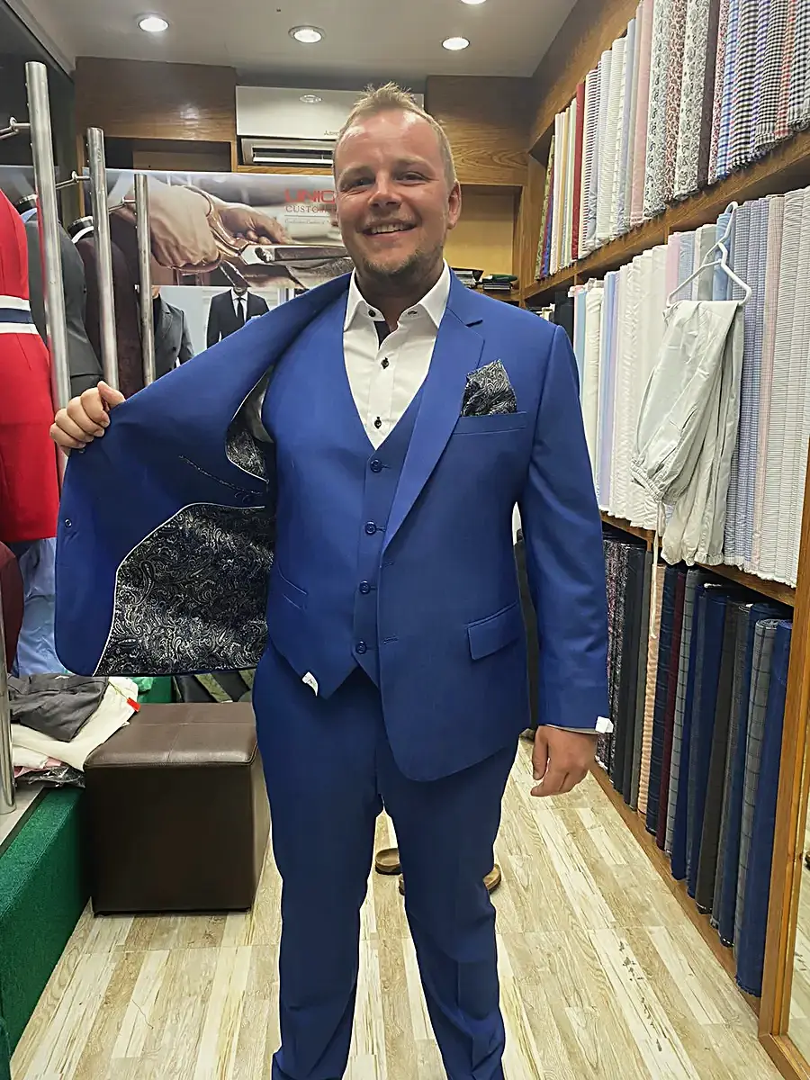 Blue three-piece bespoke suit
